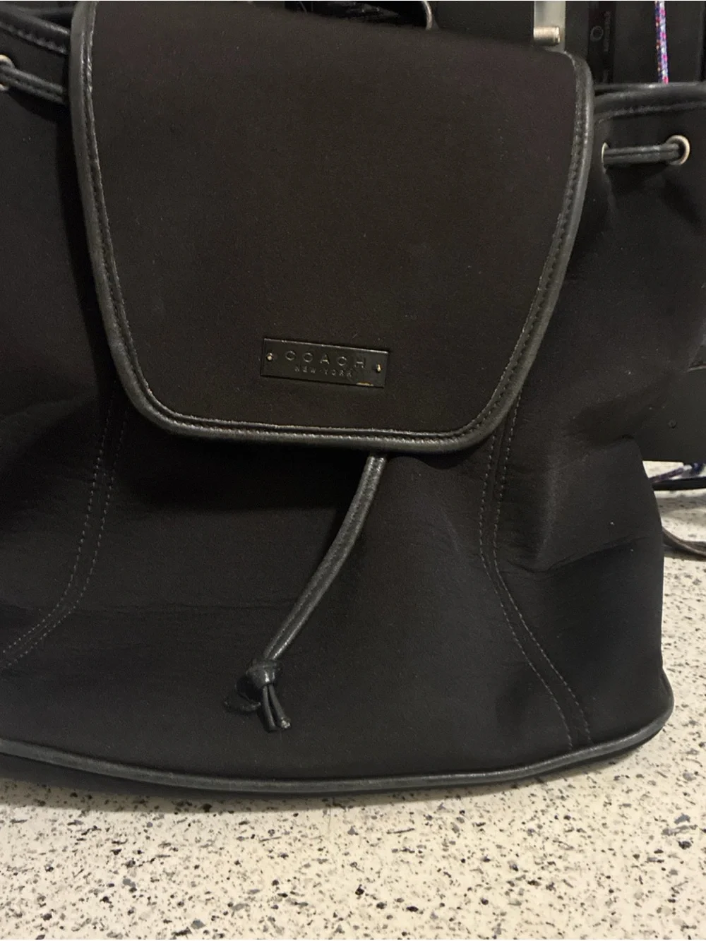 Coach Black Leather Drawstring Flap Backpack